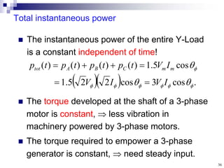 36
Total instantaneous power
   .
cos
3
cos
2
2
5
.
1
cos
5
.
1
)
(
)
(
)
(
)
(










I
V
I
V
I
V
t
p
t
p
t
p
t
p m
m
C
B
A
tot






 The instantaneous power of the entire Y-Load
is a constant independent of time!
 The torque developed at the shaft of a 3-phase
motor is constant,  less vibration in
machinery powered by 3-phase motors.
 The torque required to empower a 3-phase
generator is constant,  need steady input.
 