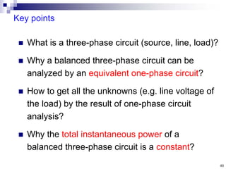 40
Key points
 What is a three-phase circuit (source, line, load)?
 Why a balanced three-phase circuit can be
analyzed by an equivalent one-phase circuit?
 How to get all the unknowns (e.g. line voltage of
the load) by the result of one-phase circuit
analysis?
 Why the total instantaneous power of a
balanced three-phase circuit is a constant?
 