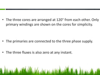 • The three cores are arranged at 120° from each other. Only
primary windings are shown on the cores for simplicity.
• The primaries are connected to the three phase supply.
• The three fluxes is also zero at any instant.
 