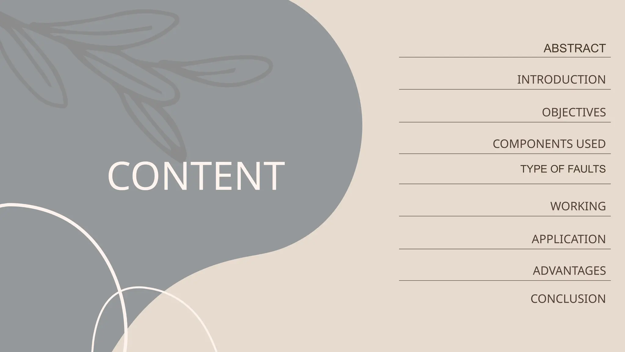 CONTENT
ABSTRACT
INTRODUCTION
OBJECTIVES
COMPONENTS USED
TYPE OF FAULTS
WORKING
APPLICATION
ADVANTAGES
CONCLUSION
 