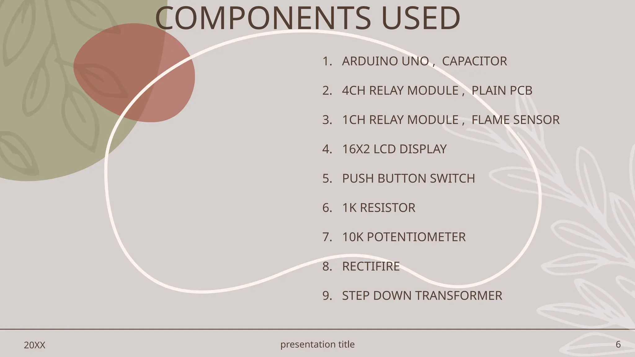 presentation title 6
COMPONENTS USED
1. ARDUINO UNO , CAPACITOR
2. 4CH RELAY MODULE , PLAIN PCB
3. 1CH RELAY MODULE , FLAME SENSOR
4. 16X2 LCD DISPLAY
5. PUSH BUTTON SWITCH
6. 1K RESISTOR
7. 10K POTENTIOMETER
8. RECTIFIRE
9. STEP DOWN TRANSFORMER
20XX
 