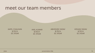 presentation title 16
meet our team members
KAPIL CHAUHAN
B.TECH
EE 3YEAR
ANIL KUMAR
B.TECH
EE 3YEAR
ABHISHEK YADAV
B.TECH
EE 3YEAR
KISHAN YADAV
B.TECH
EE 3YEAR
20XX
 