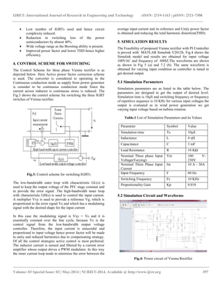 IJRET: International Journal of Research in Engineering and Technology eISSN: 2319-1163 | pISSN: 2321-7308
__________________________________________________________________________________________
Volume: 03 Special Issue: 03 | May-2014 | NCRIET-2014, Available @ http://www.ijret.org 397
 Low number of IGBTs used and hence circuit
complexity reduced.
 Reduction in switching loss of the power
semiconductors by almost 40%.
 Wide voltage range as the Boosting ability is present.
 Improved power factor and lower THD hence higher
efficiency.
4. CONTROL SCHEME FOR SWITCHING
The Control Scheme for three phase Vienna rectifier is as
depicted below. Here Active power factor correction scheme
is used. The converter is considered to operating in the
Continuous conduction mode as supply from power generator
is consider to be continuous conduction mode Since the
current across inductor is continuous stress is reduced. The
Fig.3 shows the control scheme for switching the three IGBT
switches of Vienna rectifier.
Fig.3: Control scheme for switching IGBTs
The low-bandwidth outer loop with characteristic GL(s) is
used to keep the output voltage of the PFC stage constant and
to provide the error signal .The high-bandwidth inner loop
with characteristic GH(s) is used to control the input current.
A multiplier Vxy is used to provide a reference Vg, which is
proportional to the error signal Vε and which has a modulating
signal with the desired shape for the input current
In this case the modulating signal is Vxy = Vε and it is
essentially constant over the line cycle, because Vε is the
control signal from the low-bandwidth output voltage
controller. Therefore, the input current is sinusoidal and
proportional to input voltage hence power factor will be made
to unity and reduced harmonics due to compensating strategy.
Of all the control strategies active control is most preferred.
The inductor current is sensed and filtered by a current error
amplifier whose output drives a PWM modulator. In this way
the inner current loop tends to minimize the error between the
average input current and its reference and Unity power factor
is obtained and reducing the total harmonic distortion(THD).
5. SIMULATION RESULTS
The Feasibility of proposed Vienna rectifier with PI Controller
is proved with MATLAB Simulink V2012b. Fig.4 shows the
Simulink model and results are obtained for input voltage
100VAC and frequency of 60HZ.The waveforms are shown
as shown in Fig 5 (a) and 7.2 (b). The same waveform is
obtained for varying input condition as controller is tuned to
get desired output.
5.1 Simulation Parameters
Simulation parameters are as listed in the table below. The
parameters are designed to get the output of desired level.
Simulation time is 10μS and switching frequency or frequency
of repetitive sequence is 10 KHz for various input voltages the
output is evaluated as in wind power generation we get
varying input voltage based on turbine rotation.
Table.1 List of Simulation Parameters and its Values
Parameter Symbol Value
Simulation time Ts 10μS
Inductance L 4 ηH
Capacitance C 3 mF
Load Resistance R 10 KΩ
Nominal Three phase Input
Voltage(Varying)
Vin 100 V-
230V
Nominal Three Phase Input
Current
Iin 10 A – 30A
Input Frequency F 60 Hz
Switching Frequency Fs 10 KHz
Proportionality Gain Kp 0.018
5.2 Simulation Circuit and Waveforms
Fig.4: Power circuit of Vienna Rectifier
 