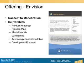 Offering - EnvisionConcept to MonetizationDeliverablesProduct RoadmapRelease PlanMental ModelsWireframesTechnology RecommendationDevelopment ProposalDecember 6, 2009