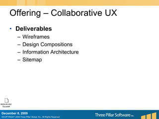 Offering – Collaborative UXDeliverablesWireframesDesign CompositionsInformation ArchitectureSitemapDecember 6, 2009