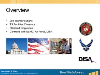 20Overview20 Federal PositionsTS Facilities Clearance8Cleared EmployeesContracts with USMC, Air Force, DISADecember 6, 2009