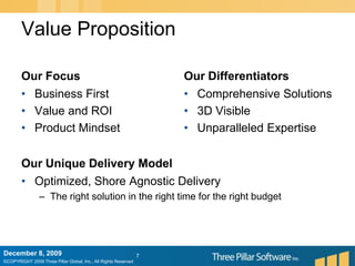 Our FocusBusiness FirstValue and ROIProduct MindsetOur DifferentiatorsComprehensive Solutions3D VisibleUnparalleled Expertise7December 6, 2009Value PropositionOur Unique Delivery ModelOptimized, Shore Agnostic Delivery