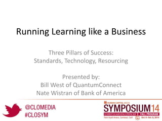 Running Learning like a Business 
Three Pillars of Success: 
Standards, Technology, Resourcing 
Presented by: 
Bill West of QuantumConnect 
Nate Wistran of Bank of America 
 