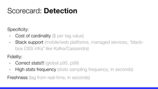 Specificity:
- Cost of cardinality ($ per tag value)
- Stack support (mobile/web platforms, managed services, “black-
box OSS infra” like Kafka/Cassandra)
Fidelity:
- Correct stats!!! (global p95, p99)
- High stats frequency (stats sampling frequency, in seconds)
Freshness (lag from real-time, in seconds)
Scorecard: Detection
 