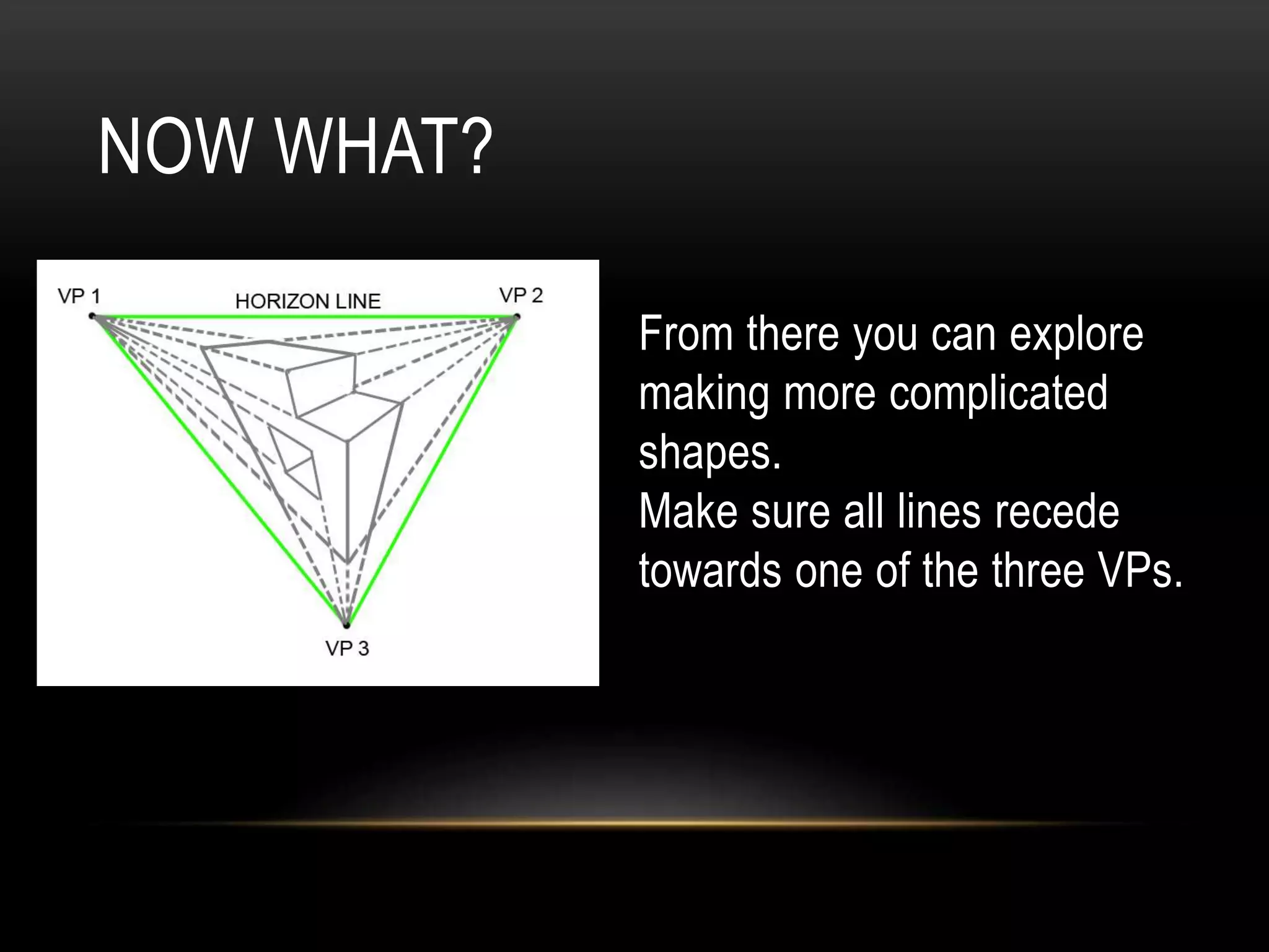 NOW WHAT?
From there you can explore
making more complicated
shapes.
Make sure all lines recede
towards one of the three VPs.
 