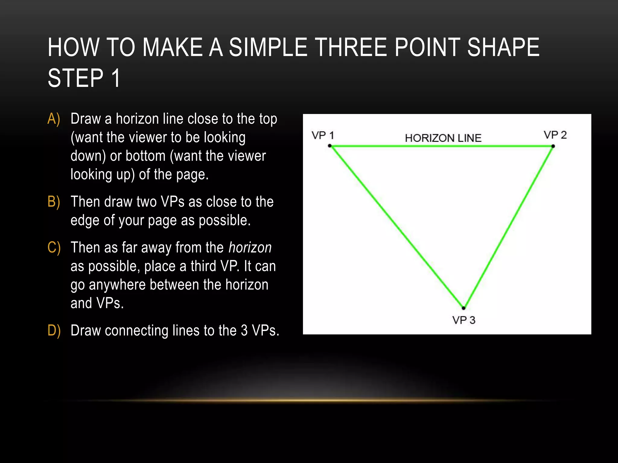 A) Draw a horizon line close to the top
(want the viewer to be looking
down) or bottom (want the viewer
looking up) of the page.
B) Then draw two VPs as close to the
edge of your page as possible.
C) Then as far away from the horizon
as possible, place a third VP. It can
go anywhere between the horizon
and VPs.
D) Draw connecting lines to the 3 VPs.
HOW TO MAKE A SIMPLE THREE POINT SHAPE
STEP 1
 