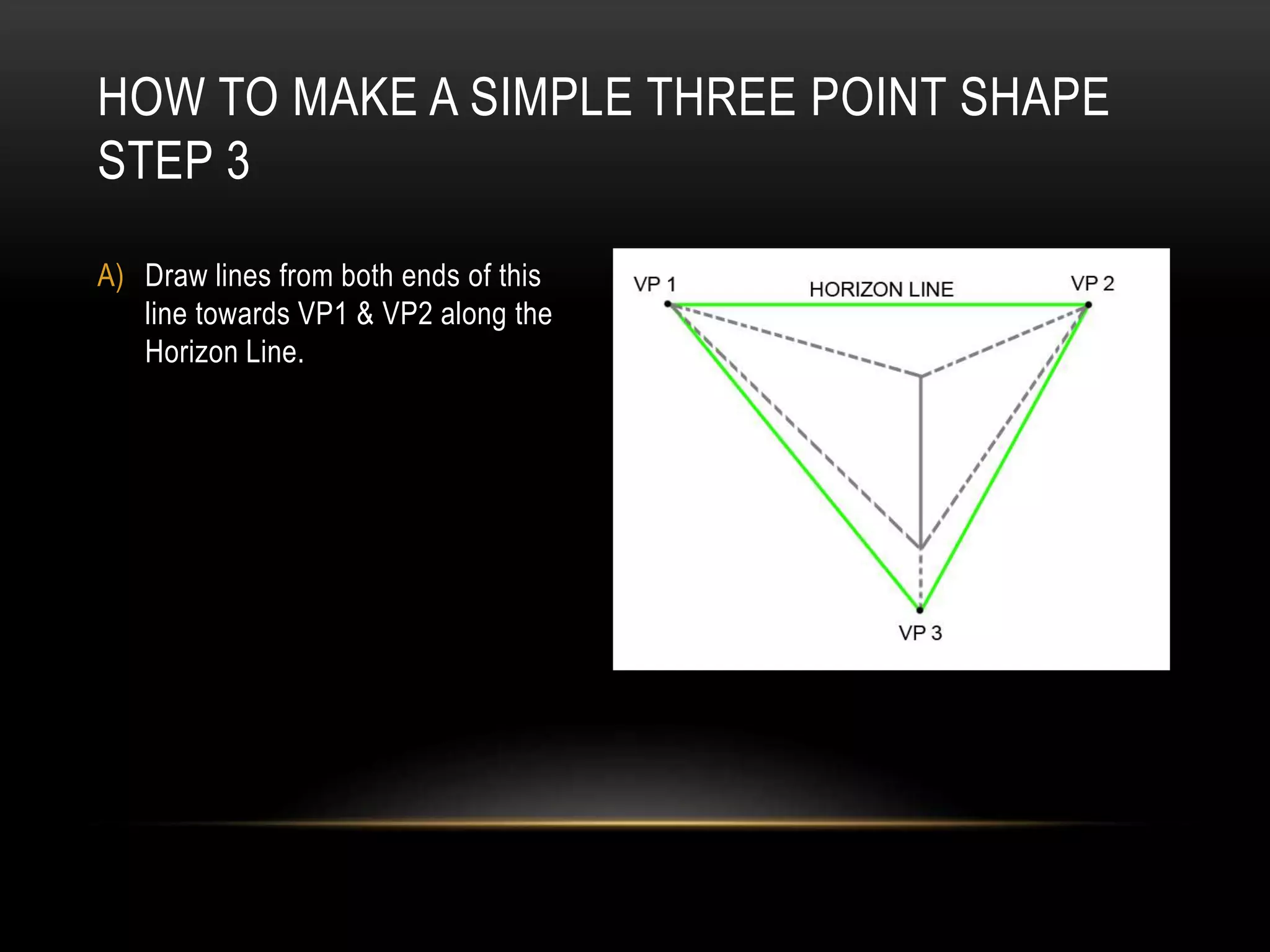 A) Draw lines from both ends of this
line towards VP1 & VP2 along the
Horizon Line.
HOW TO MAKE A SIMPLE THREE POINT SHAPE
STEP 3
 