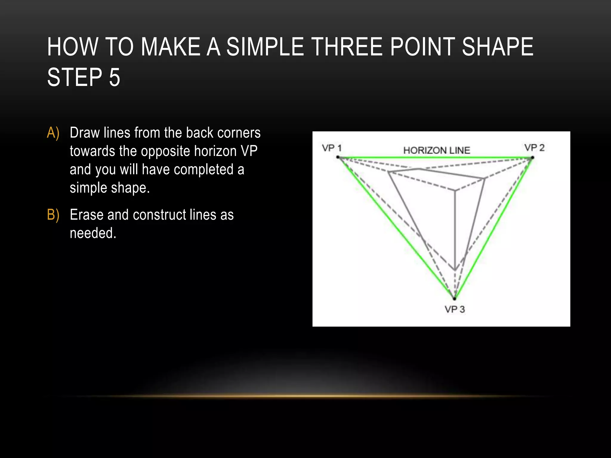 A) Draw lines from the back corners
towards the opposite horizon VP
and you will have completed a
simple shape.
B) Erase and construct lines as
needed.
HOW TO MAKE A SIMPLE THREE POINT SHAPE
STEP 5
 