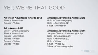 VIDEO/MEDIA TYPES
• Reference
Interview style videos that capture the messaging via the
use of interview footage and voice over
• Animation
Custom illustrations create a visually interesting and compelling
message through the use of animation
• 3D
Animation of custom built 3D models and imagery that
has been computer generated
• Narrative/Commercial
Storytelling of an event or events through characterization
• Web Interactive
User-oriented communication of digital media
 
