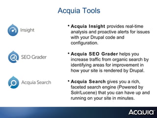 Acquia Tools
  • Acquia Insight provides real-time
   analysis and proactive alerts for issues
   with your Drupal code and
   configuration.

  • Acquia SEO Grader helps you
   increase traffic from organic search by
   identifying areas for improvement in
   how your site is rendered by Drupal.

  • Acquia Search gives you a rich,
   faceted search engine (Powered by
   Solr/Lucene) that you can have up and
   running on your site in minutes.
 