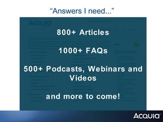 “Answers I need...”

        800+ Articles

        1000+ FAQs

500+ Podcasts, Webinars and
          Videos

     and more to come!
 
