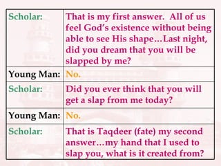 That is Taqdeer (fate) my second answer…my hand that I used to slap you, what is it created from?  Scholar: No. Young Man: Did you ever think that you will get a slap from me today? Scholar: No. Young Man: That is my first answer.  All of us feel God’s existence without being able to see His shape…Last night, did you dream that you will be slapped by me? Scholar: 