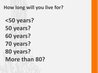 How long will you live for?

<50 years?
50 years?
60 years?
70 years?
80 years?
More than 80?
 
