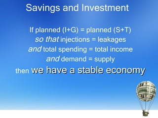 Savings and Investment If planned (I+G) = planned (S+T) so that  injections = leakages and  total spending = total income and  demand = supply then we have a stable economy 