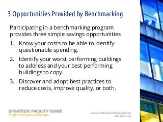 www.StrategicFacilityGuide.com
800.362.3708
3 Opportunities Provided by Benchmarking
Participating in a benchmarking progr...
