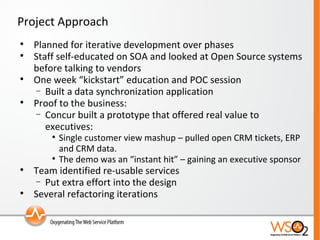 Project Approach Planned for iterative development over phases Staff self-educated on SOA and looked at Open Source systems before talking to vendors One week “kickstart” education and POC session Built a data synchronization application  Proof to the business:  Concur built a prototype that offered real value to executives: Single customer view mashup – pulled open CRM tickets, ERP and CRM data.  The demo was an “instant hit” – gaining an executive sponsor Team identified re-usable services  Put extra effort into the design Several refactoring iterations 