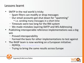 Lessons learnt SMTP in the real world is tricky Spam filters can modify or drop messages Our email accounts got shut down for “spamming”  i.e. sending many messages in a short time Timeouts were too long for the RM system We made mistakes layering SMTP and WS-Addressing Publishing interoperable reference implementations was a big win Proved interoperability Formed the basis for other implementations to test against The RASP team is now working on a European initiative: PEPPOL  http://peppol.eu   Trying to bring the same results across Europe 