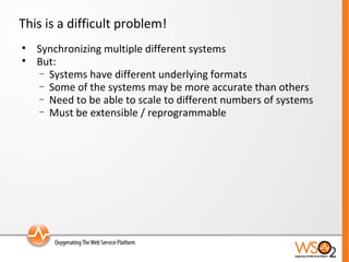 This is a difficult problem! Synchronizing multiple different systems But: Systems have different underlying formats Some of the systems may be more accurate than others Need to be able to scale to different numbers of systems Must be extensible / reprogrammable 