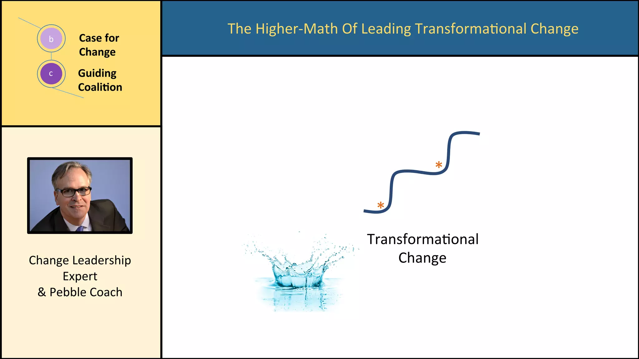 The	Higher-Math	Of	Leading	TransformaConal	Change	
c	
b	 Case	for	
Change	
Guiding	
Coali/on	
*	
*	
TransformaConal	
Change	Change	Leadership	
Expert	
&	Pebble	Coach	
 