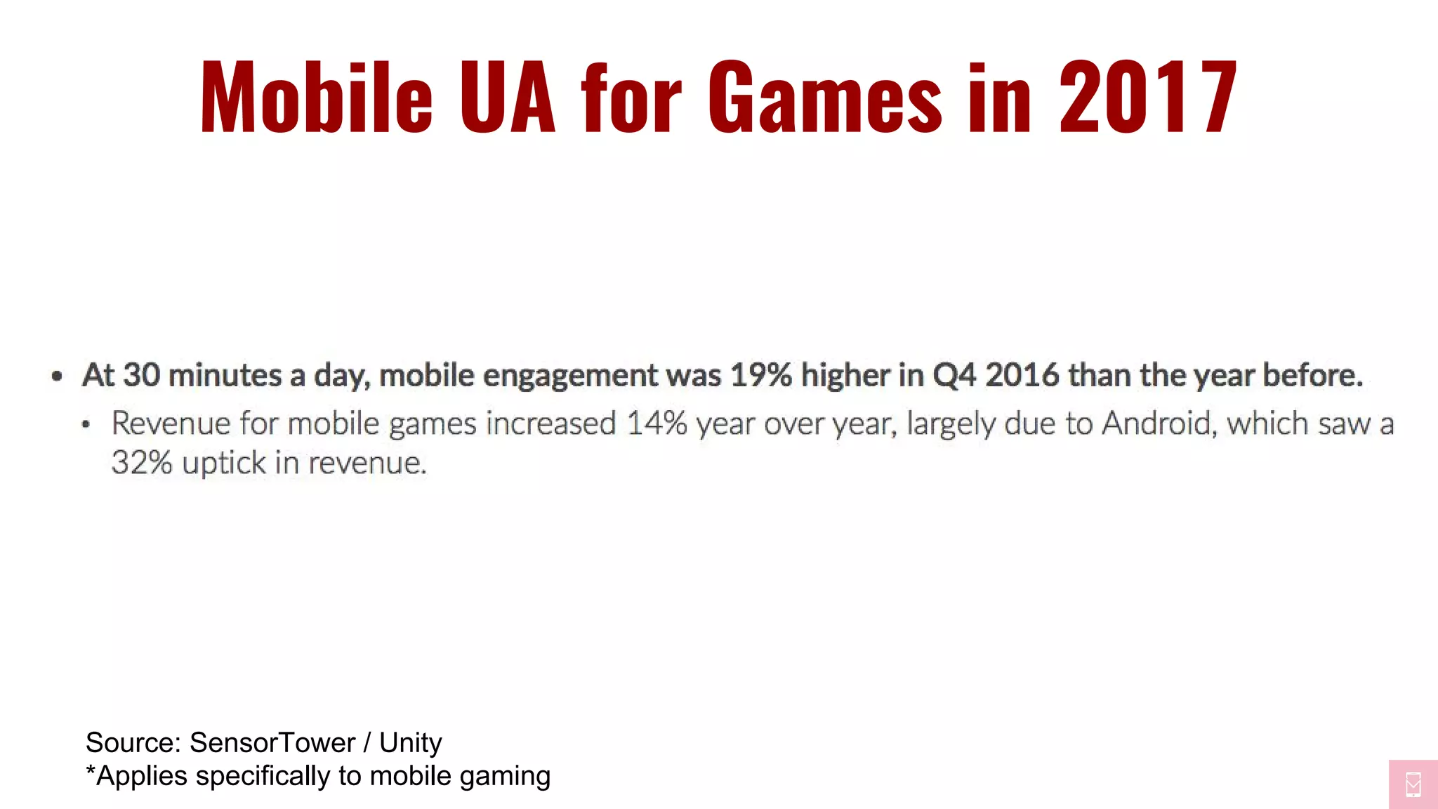 Source: SensorTower / Unity
*Applies specifically to mobile gaming
Mobile UA for Games in 2017
 