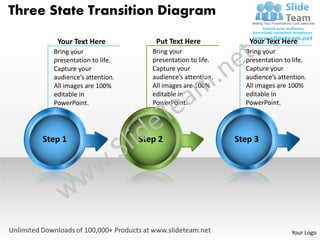 Three State Transition Diagram

       Your Text Here             Put Text Here             Your Text Here
      Bring your                 Bring your                Bring your
      presentation to life.      presentation to life.     presentation to life.
      Capture your               Capture your              Capture your
      audience’s attention.      audience’s attention.     audience’s attention.
      All images are 100%        All images are 100%       All images are 100%
      editable in                editable in               editable in
      PowerPoint.                PowerPoint.               PowerPoint.




    Step 1                    Step 2                     Step 3




                                                                          Your Logo
 