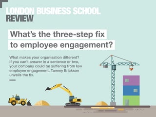 What makes your organisation different?
If you can’t answer in a sentence or two,
your company could be suffering from low
employee engagement. Tammy Erickson
unveils the fix.
What’s the three-step fix
to employee engagement?
 