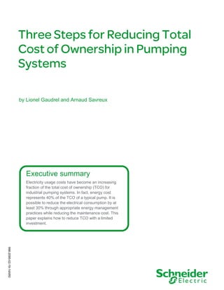 by Lionel Gaudrel and Arnaud Savreux

Executive summary
Electricity usage costs have become an increasing
fraction of the total cost of ownership (TCO) for
industrial pumping systems. In fact, energy cost
represents 40% of the TCO of a typical pump. It is
possible to reduce the electrical consumption by at
least 30% through appropriate energy management
practices while reducing the maintenance cost. This
paper explains how to reduce TCO with a limited
investment.

998-2095-02-19-14AR0

 