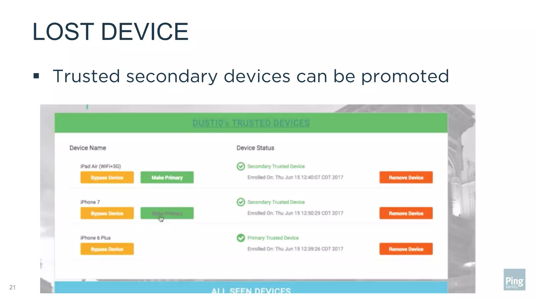 LOST DEVICE
21
§  Trusted secondary devices can be promoted
 