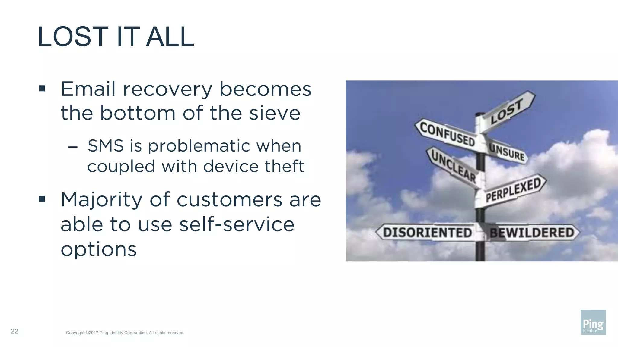 LOST IT ALL
§  Email recovery becomes
the bottom of the sieve
–  SMS is problematic when
coupled with device theft
§  Majority of customers are
able to use self-service
options
Copyright ©2017 Ping Identity Corporation. All rights reserved.22
 