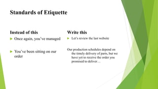Standards of Etiquette
Instead of this
 Once again, you’ve managed
 You’ve been sitting on our
order
Write this
 Let’s review the last website
Our production schedules depend on
the timely delivery of parts, but we
have yet to receive the order you
promised to deliver…
 