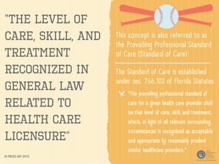 “The Level Of
Care, Skill, And
Treatment
Recognized in
General Law
Related To
Health Care
Licensure”
This concept is also referred to as
the Prevailing Professional Standard
of Care (Standard of Care)
The Standard of Care is established
under sec. 766.102 of Florida Statutes
“The prevailing professional standard of
care for a given health care provider shall
be that level of care, skill, and treatment,
which, in light of all relevant surrounding
circumstances is recognized as acceptable
and appropriate by reasonably prudent
similar healthcare providers.”
© FBOG-SIP 2015
 