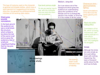 Medium – long shot
                                                                                                                 Chiaroscuro shot –
  The type of costume used on the character       Eye level camera angle   So it can show a lot of the           gloomy/shadowy
  is general comfortable clothes, which have a
                                                  So we are seeing ‘eye to background which gives the            lighting
  sport element to it suggesting at his boxing                             audience an understanding
                                                  eye’ with the character                                        Gives connotations
  story line, the general non professional look                            about the conditions of his
                                                  and can look into them                                         of his life to be the
  indicates at his working class status.                                   lifestyle and he is strategically
                                                  and sympathise                                                 same (gloomy and
                                                                           placed in the middle, to show he
Shack gives                                                                                                      dark).
                                                                           is in the middle of all this waste.
possible
connotations
                                                                                                                  Black and white
In the back ground                                                                                                editing effect
the audience can
see a small shack                                                                                                 Connotation of his
like structure                                                                                                    life, which is boring,
which is likely to                                                                                                monotonous, with
be where the rest                                                                                                 nothing special in it.
of the scene is set                                                                                               Dull colours
and so gives the                                                                                                  meaning his life is
audience a feel of                                                                                                dull. This highlights
small and                                                                                                         his struggles.
insignificant feeling
that he may give
                                                                                                                  Simple
himself.
                                                                                                                  Although the shots
                                                                                                                  are very simple as
                                                                                                                  he is just sitting
                                                                                                                  down with nothing
                                      My drawings                                                                 happening, this
                                                                                            His looking           says a thousand
                                      of the shots.                                         down could            words about his life
                                                                                            indicate a loss       and how he feels.
                                                                                            of identity.
 