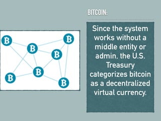 BITCOIN:
Since the system
works without a
middle entity or
admin, the U.S.
Treasury
categorizes bitcoin
as a decentralized
virtual currency.
 