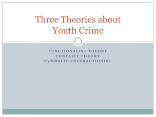 Functionalist theory,[object Object],Conflict theory ,[object Object],Symbolic/interactionist,[object Object],Three Theories aboutYouth Crime,[object Object]