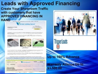 Leads with Approved Financing
Create Your Showroom Traffic
with customers that have
APPROVED FINANCING IN
HAND




                           Up to 160% Advance

                           Warranty Adance Uo to
                           $3,500.00
 