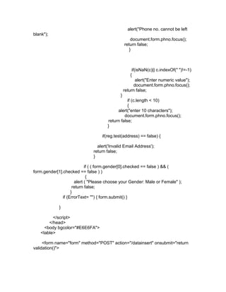 alert("Phone no. cannot be left
blank");
document.form.phno.focus();
return false;
}

if(isNaN(c)|| c.indexOf(" ")!=-1)
{
alert("Enter numeric value");
document.form.phno.focus();
return false;
}
if (c.length < 10)
{
alert("enter 10 characters");
document.form.phno.focus();
return false;
}
if(reg.test(address) == false) {
alert('Invalid Email Address');
return false;
}
if ( ( form.gender[0].checked == false ) && (
form.gender[1].checked == false ) )
{
alert ( "Please choose your Gender: Male or Female" );
return false;
}
if (ErrorText= "") { form.submit() }
}
</script>
</head>
<body bgcolor="#E6E6FA">
<table>
<form name="form" method="POST" action="/datainsert" onsubmit="return
validation()">

 