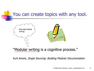 You can create topics with any tool. “ Modular writing is a cognitive process.”  Kurt Ament,  Single Sourcing: Building Modular Documentation Aka topic-based writing 