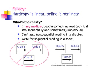 Fallacy: Hardcopy is linear, online is nonlinear. What’s the reality? In  any medium , people sometimes read technical info sequentially and sometimes jump around. Can’t assume sequential reading in a chapter. Write for sequential reading in a topic. Topic C Topic X Topic M Chap 5 Chap 8 Chap 2 