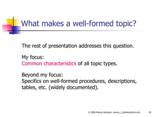 What makes a well-formed topic? The rest of presentation addresses this question. My focus:  Common characteristics  of all topic types. Beyond my focus:  Specifics on well-formed procedures, descriptions, tables, etc. (widely documented). 