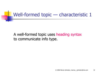Well-formed topic — characteristic 1 A well-formed topic uses  heading syntax  to communicate info type. 