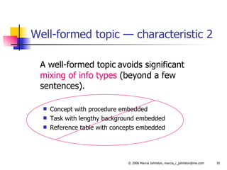 Well-formed topic — characteristic 2 A well-formed topic   avoids significant  mixing of info types  (beyond a few sentences). Concept with procedure embedded Task with lengthy background embedded Reference table with concepts embedded 
