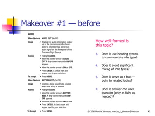 Makeover #1 — before How well-formed is this topic? Does it use heading syntax to communicate info type? Does it avoid significant mixing of info types? Does it serve as a hub — point to related topics? Does it answer one user question (only as fully as needed)? 