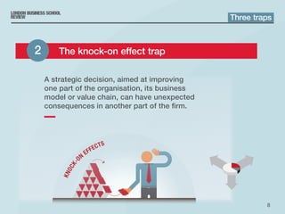 8
A strategic decision, aimed at improving
one part of the organisation, its business
model or value chain, can have unexpected
consequences in another part of the firm.
Three traps
2 	 The knock-on effect trap
 