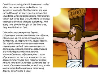 One Friday morning the third tree was startled
when her beams were yanked from the
forgotten woodpile. She flinched as she was
carried through an angry, jeering crowd. She
shuddered when soldiers nailed a man’s hands
to her. But three days later, the third tree knew
that God’s love had changed everything. And
every time people thought of the third tree,
they would think of God.

Однажды утром третье дерево
содрогнулось от неожиданности – брусья,
сделанные из его тела, бесцеремонно
выдернули из заброшенной груды бревен.
Его коробило от толпы разгневанных,
глумящихся людей, сквозь которую его
потащили. Словно от боли, вздрагивало
оно под ударами молота палача,
пригвождавшего к брусьям руки и ноги
обреченного на смерть человека. Но на
рассвете третьего дня, третье дерево
узнало, что Божья любовь изменила все на
свете. С того самого дня, всякий раз, когда
мысли людей обращались к третьему
дереву, они думали о Боге.
 