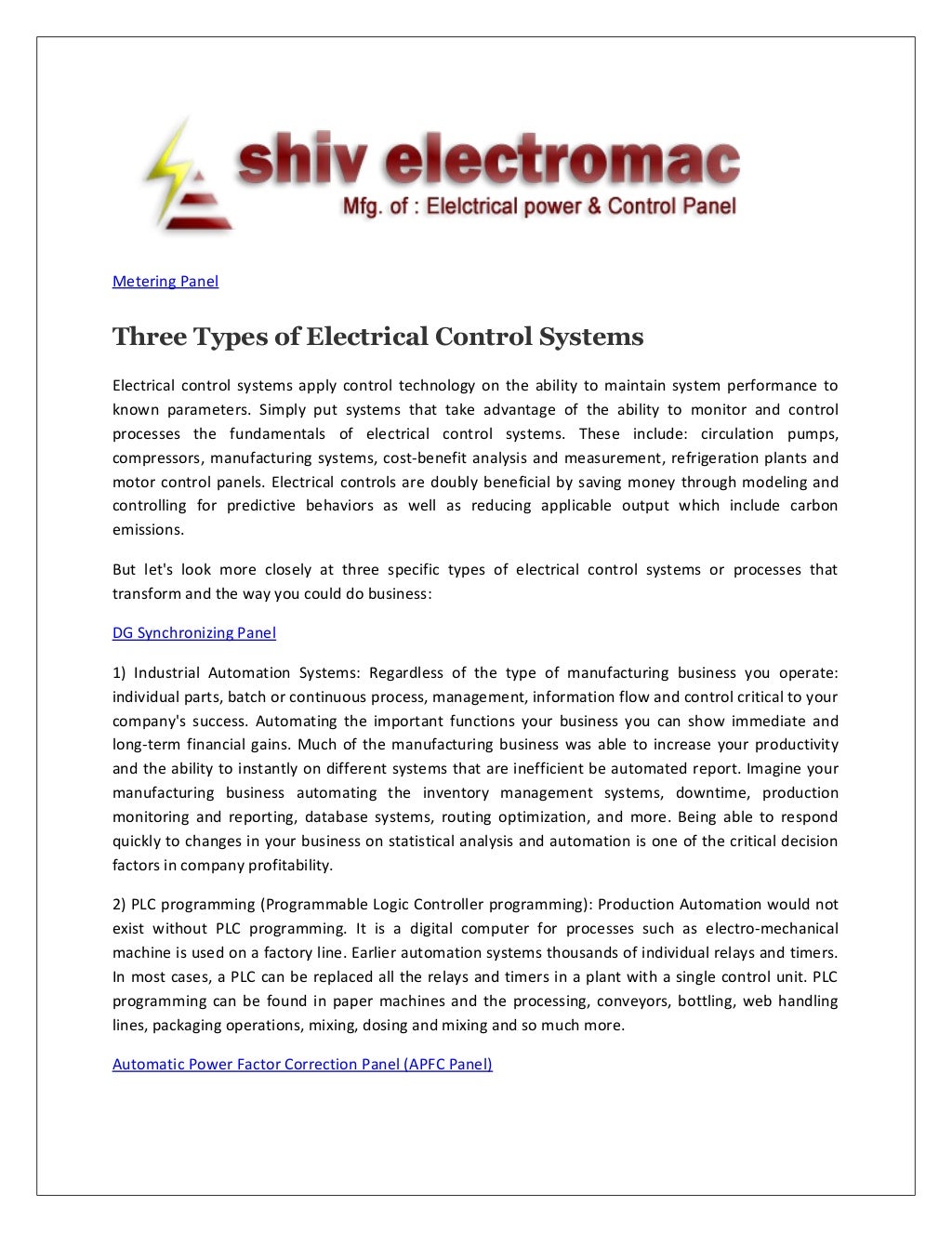 Three Types of Electrical Control Systems